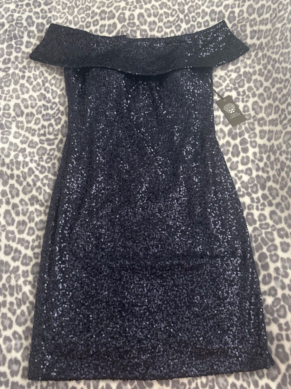 Vince Camuto Black Off-Shoulder Sequin Midi Dress
